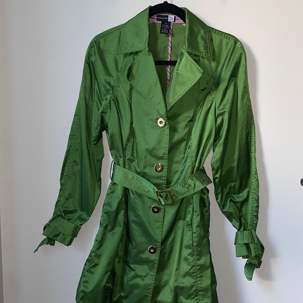 Saks Fifth Avenue CLOTHES (real) Vibrant Green Metallic Trench Coat, size 8